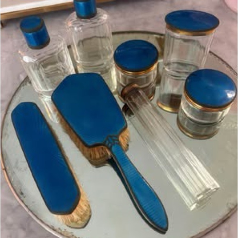 Rare Vintage Guilloche Enameled Blue Glass
Vanity Dresser Set 8
pieces